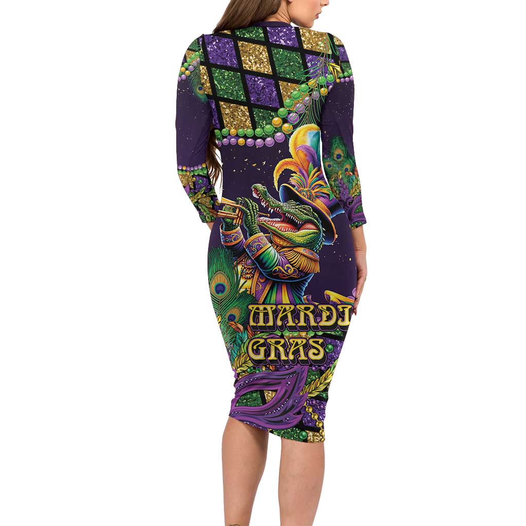 Mardi Gras Alligator Long Sleeve Bodycon Dress Let the Gator Jazz Roll - Wonder Print Shop