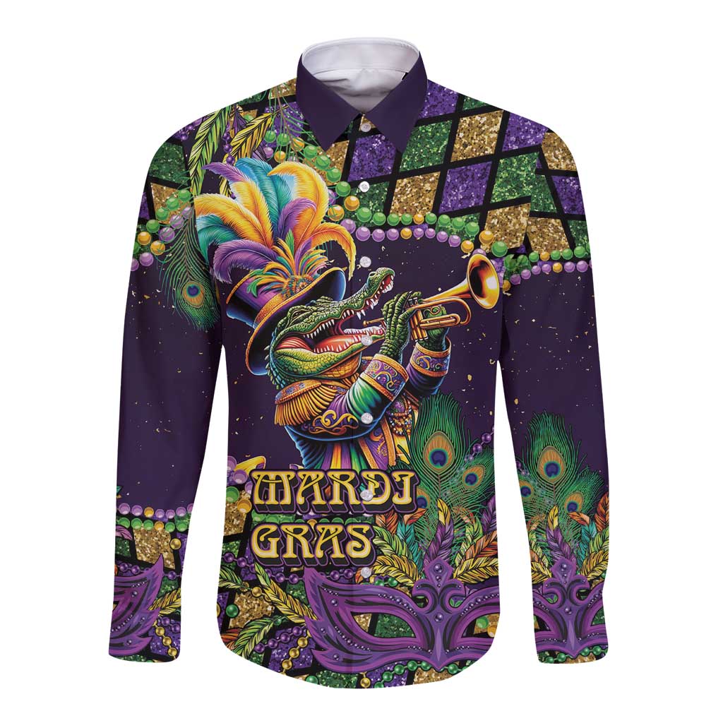 Mardi Gras Alligator Long Sleeve Button Shirt Let the Gator Jazz Roll - Wonder Print Shop