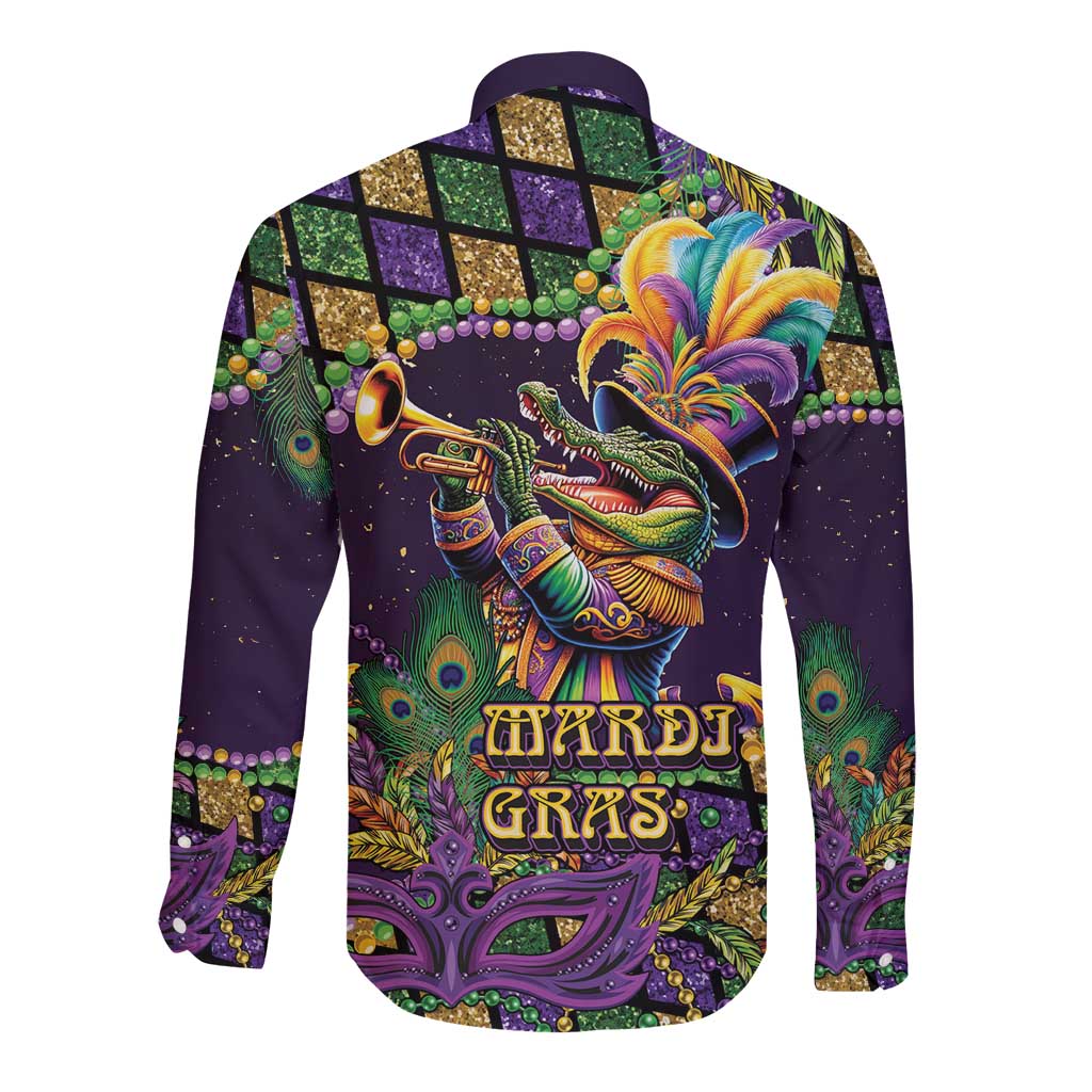 Mardi Gras Alligator Long Sleeve Button Shirt Let the Gator Jazz Roll - Wonder Print Shop