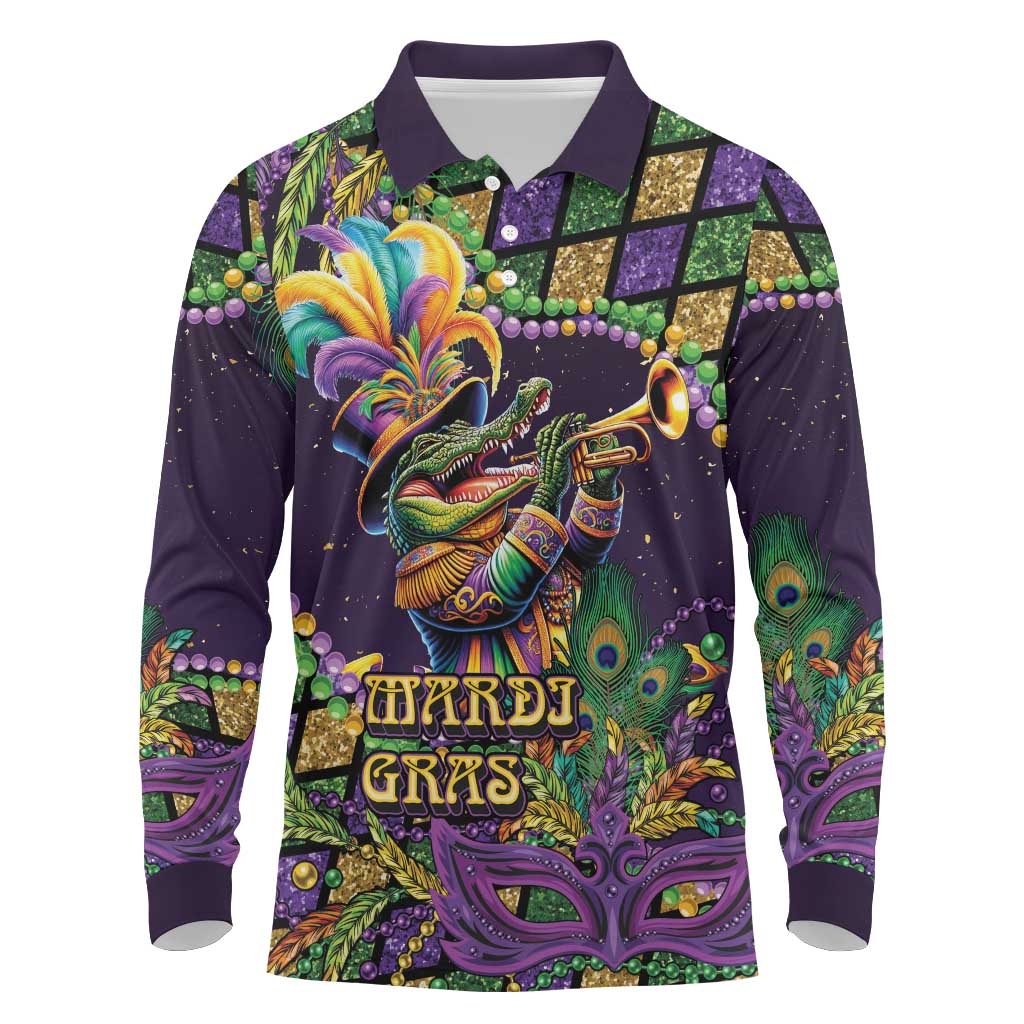 Mardi Gras Alligator Long Sleeve Polo Shirt Let the Gator Jazz Roll - Wonder Print Shop