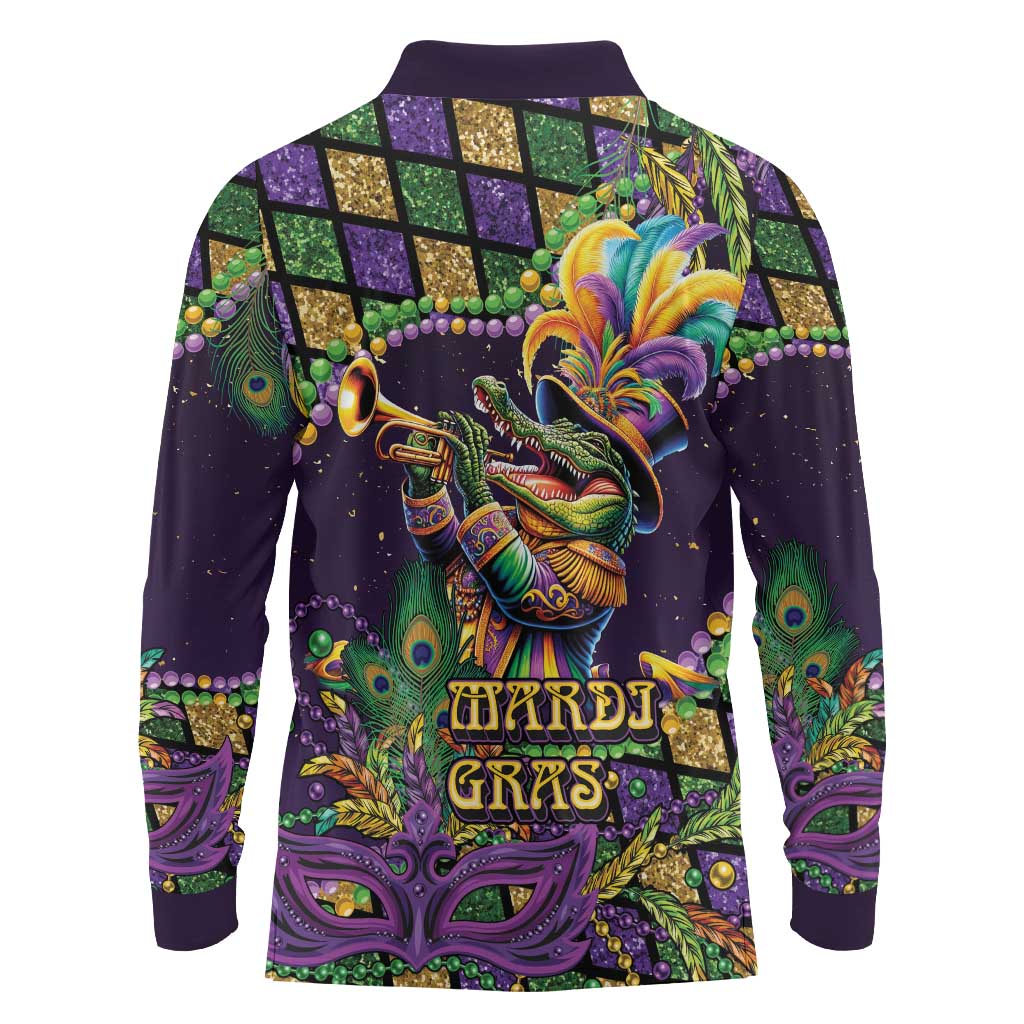 Mardi Gras Alligator Long Sleeve Polo Shirt Let the Gator Jazz Roll - Wonder Print Shop