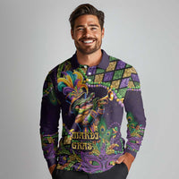 Mardi Gras Alligator Long Sleeve Polo Shirt Let the Gator Jazz Roll - Wonder Print Shop