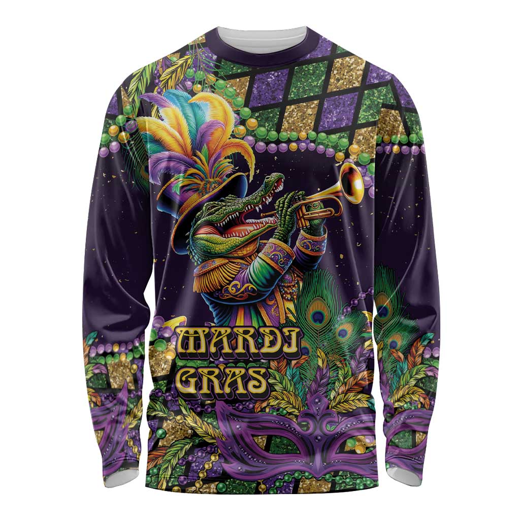 Mardi Gras Alligator Long Sleeve Shirt Let the Gator Jazz Roll - Wonder Print Shop