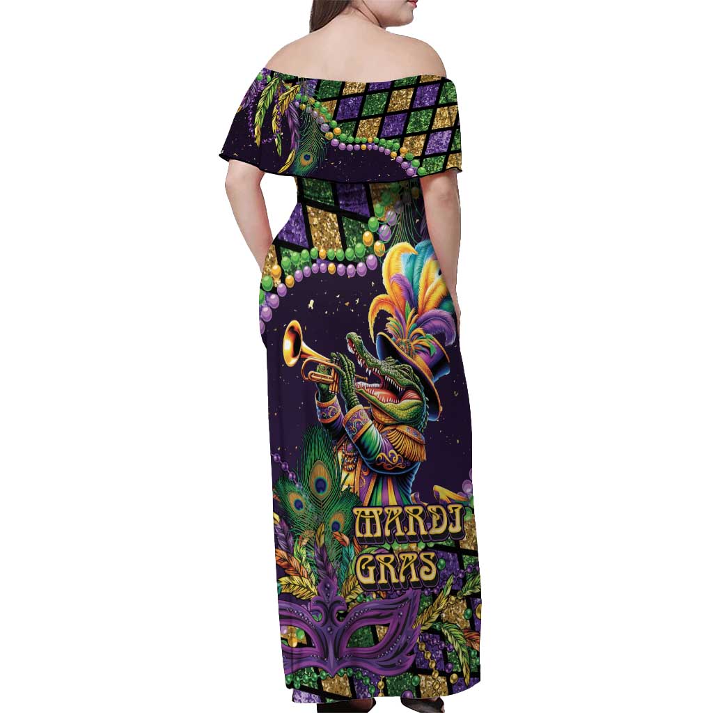 Mardi Gras Alligator Off Shoulder Maxi Dress Let the Gator Jazz Roll - Wonder Print Shop