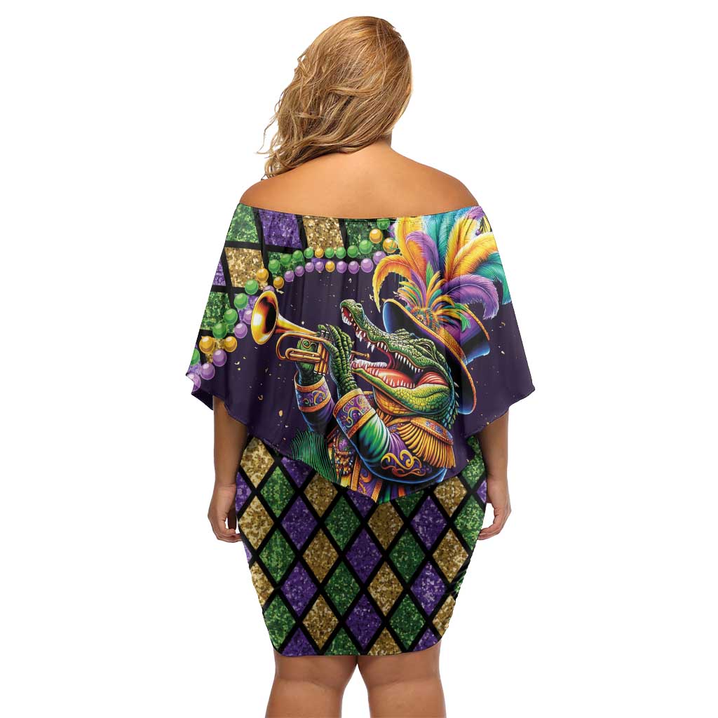 Mardi Gras Alligator Off Shoulder Short Dress Let the Gator Jazz Roll - Wonder Print Shop