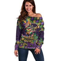 Mardi Gras Alligator Off Shoulder Sweater Let the Gator Jazz Roll - Wonder Print Shop