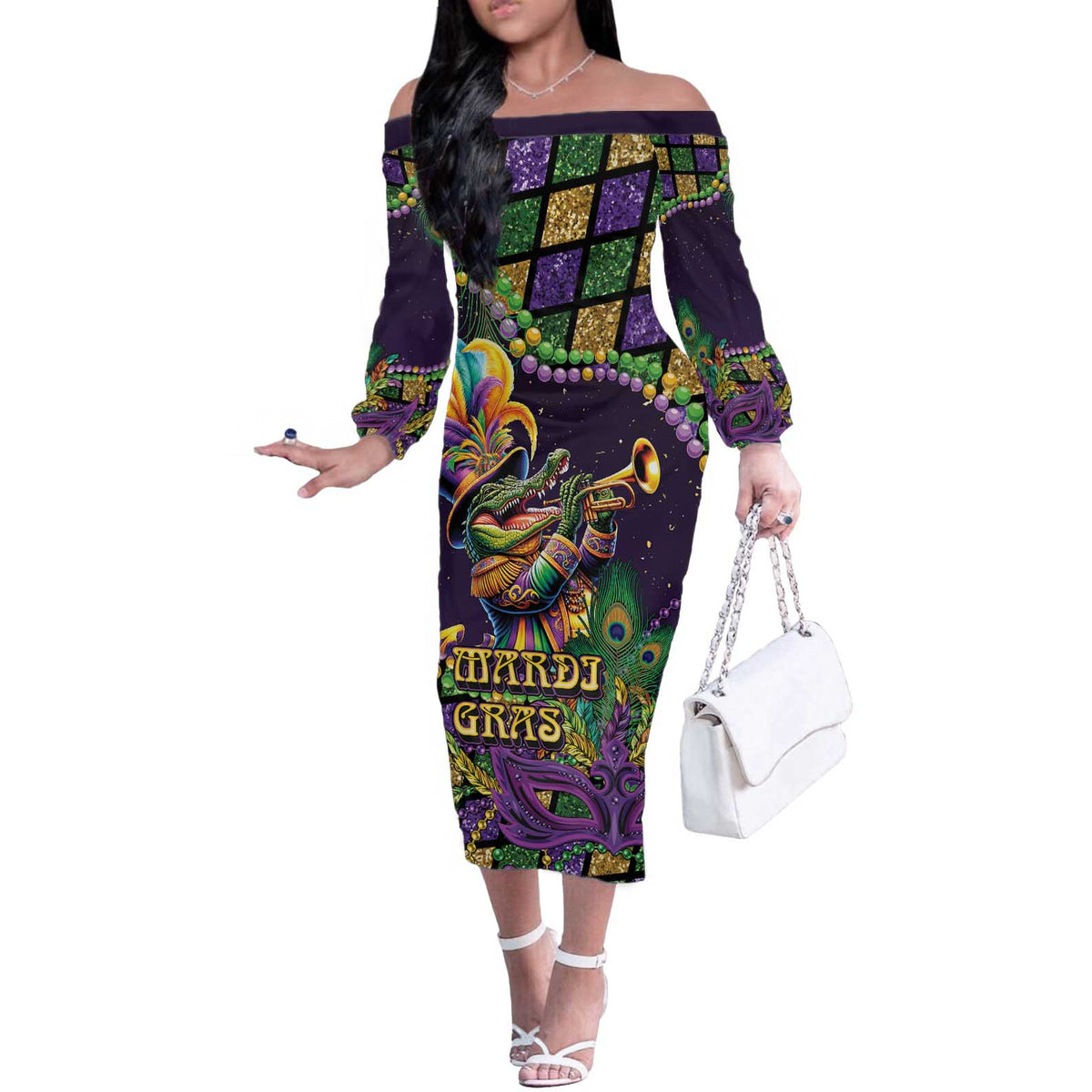 Mardi Gras Alligator Off The Shoulder Long Sleeve Dress Let the Gator Jazz Roll - Wonder Print Shop