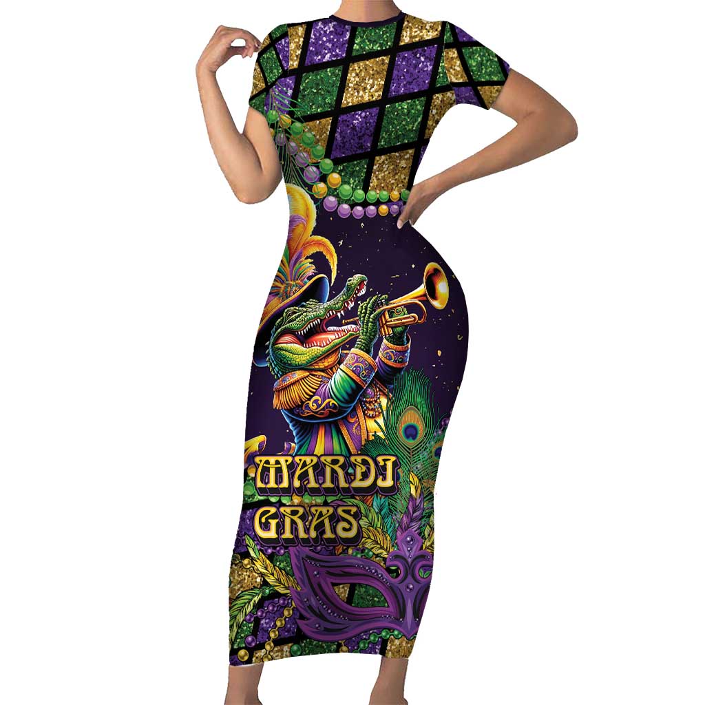 Mardi Gras Alligator Short Sleeve Bodycon Dress Let the Gator Jazz Roll - Wonder Print Shop