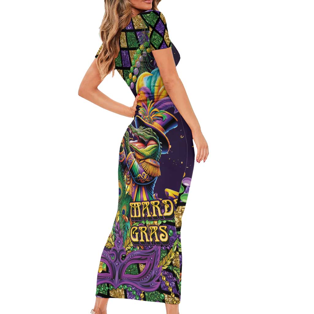 Mardi Gras Alligator Short Sleeve Bodycon Dress Let the Gator Jazz Roll - Wonder Print Shop
