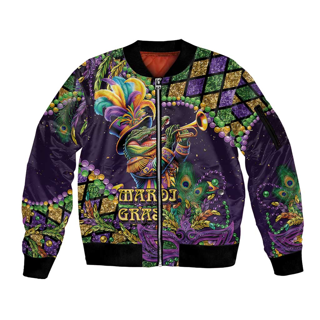 Mardi Gras Alligator Sleeve Zip Bomber Jacket Let the Gator Jazz Roll - Wonder Print Shop