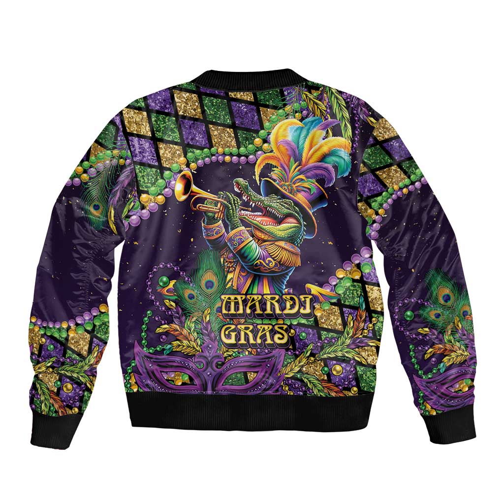 Mardi Gras Alligator Sleeve Zip Bomber Jacket Let the Gator Jazz Roll - Wonder Print Shop