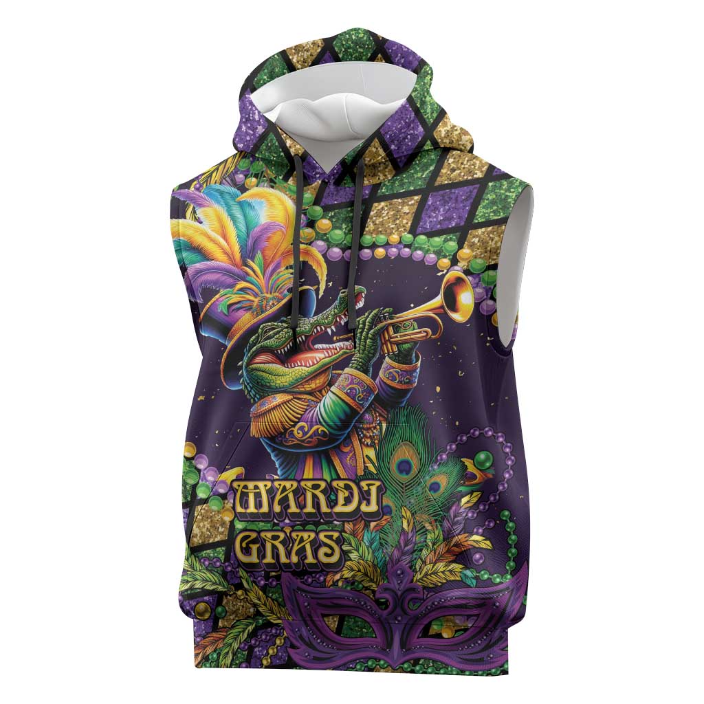 Mardi Gras Alligator Sleeveless Hoodie Let the Gator Jazz Roll - Wonder Print Shop