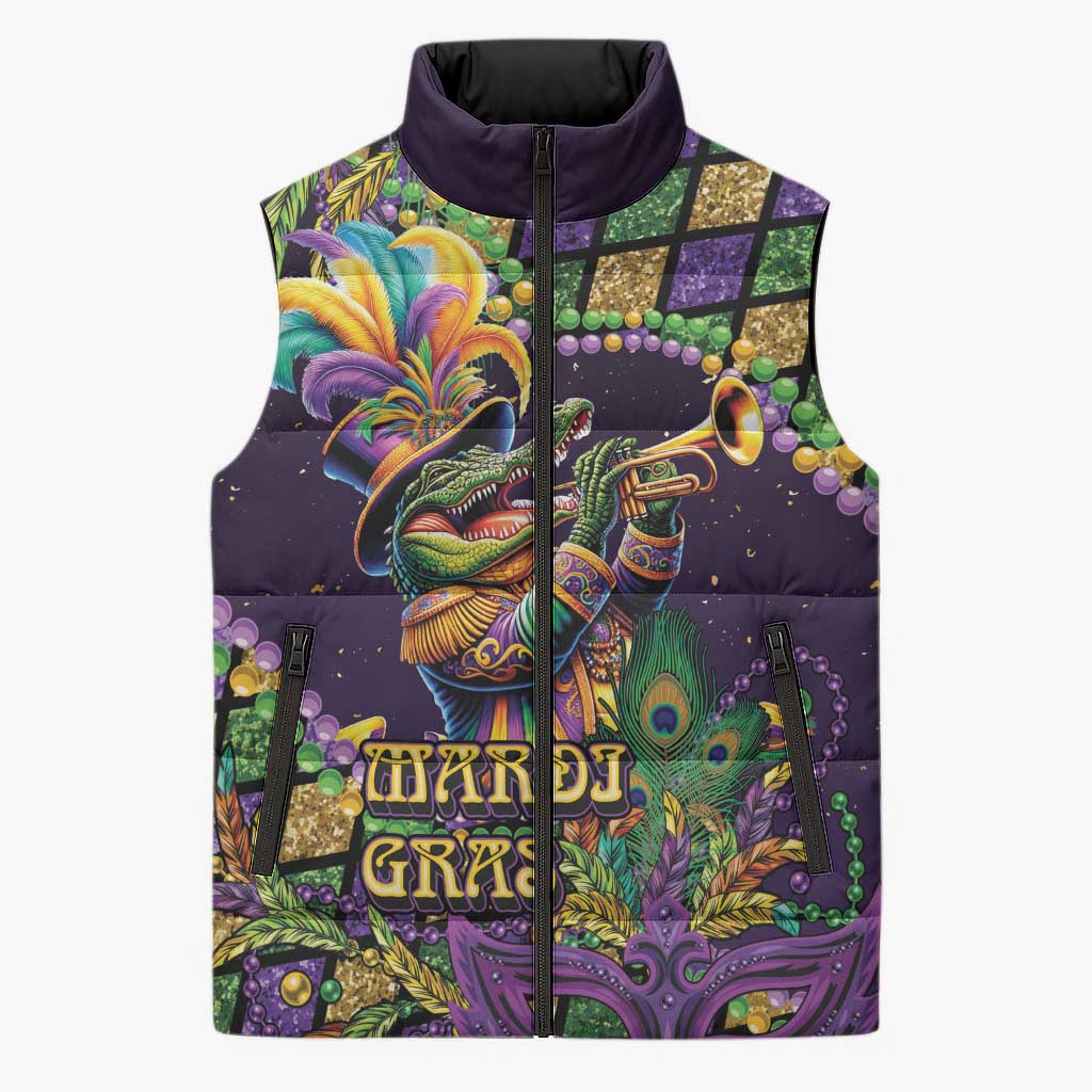 Mardi Gras Alligator Sleeveless Puffer Jacket Let the Gator Jazz Roll - Wonder Print Shop