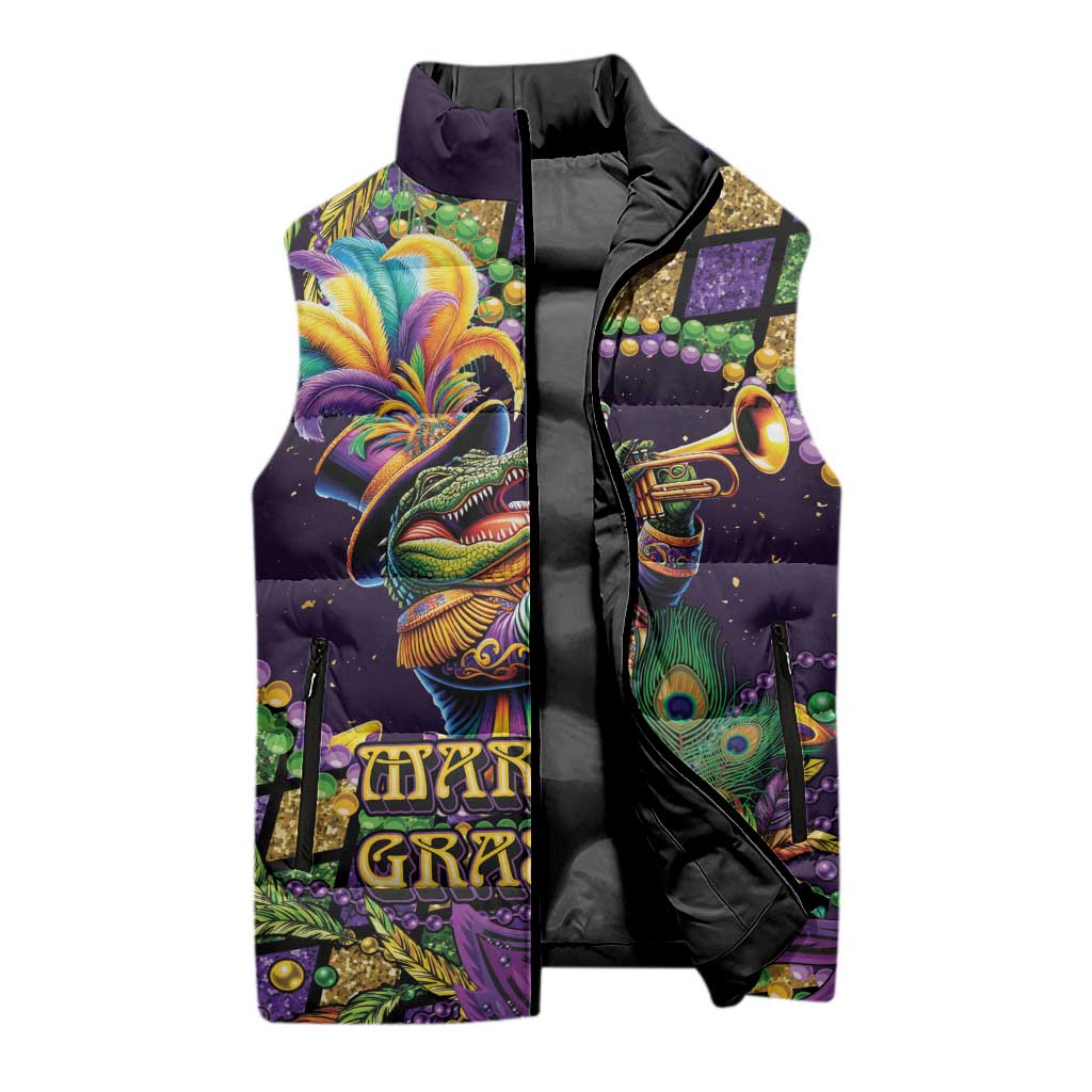 Mardi Gras Alligator Sleeveless Puffer Jacket Let the Gator Jazz Roll - Wonder Print Shop