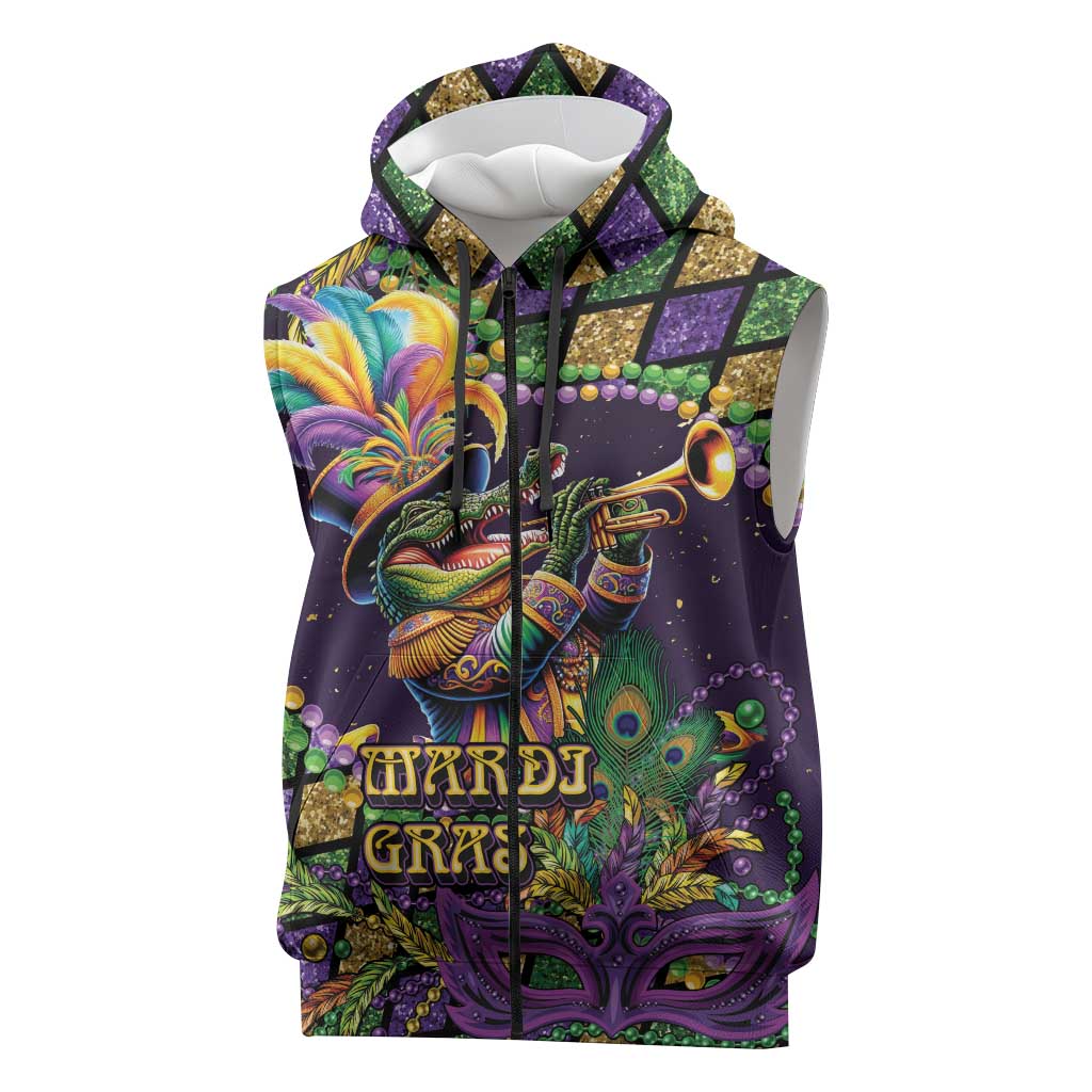 Mardi Gras Alligator Sleeveless Zip Hoodie Let the Gator Jazz Roll - Wonder Print Shop