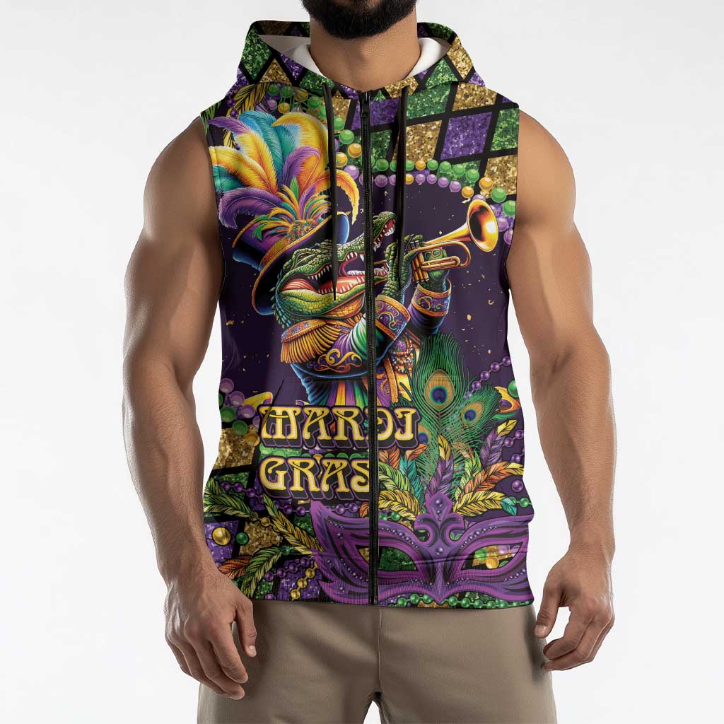 Mardi Gras Alligator Sleeveless Zip Hoodie Let the Gator Jazz Roll - Wonder Print Shop