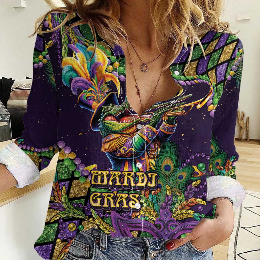 Mardi Gras Alligator Women Casual Shirt Let the Gator Jazz Roll - Wonder Print Shop