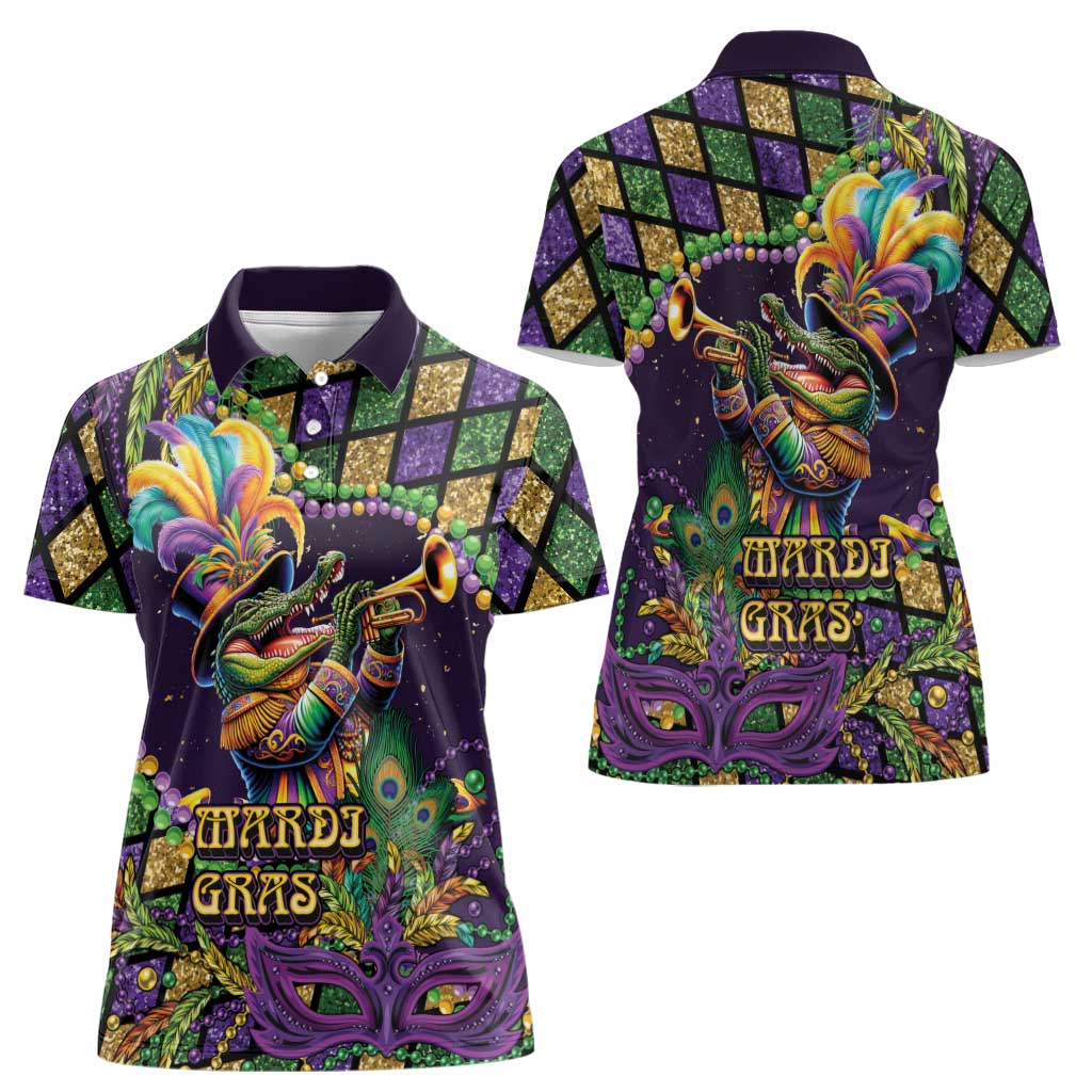 Mardi Gras Alligator Women Polo Shirt Let the Gator Jazz Roll - Wonder Print Shop