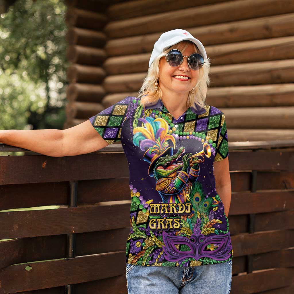 Mardi Gras Alligator Women Polo Shirt Let the Gator Jazz Roll - Wonder Print Shop