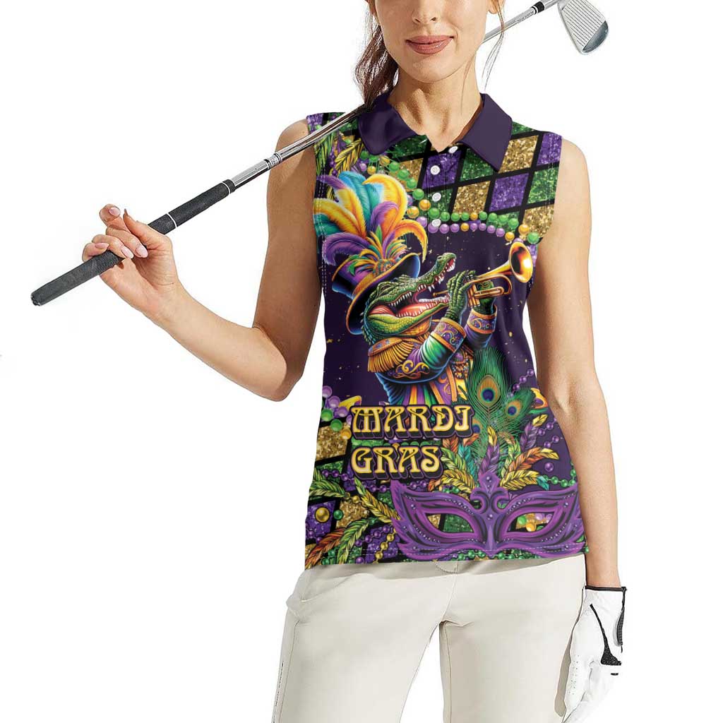 Mardi Gras Alligator Women Sleeveless Polo Shirt Let the Gator Jazz Roll - Wonder Print Shop