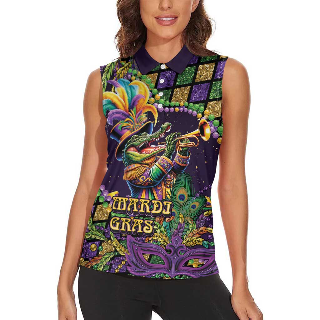 Mardi Gras Alligator Women Sleeveless Polo Shirt Let the Gator Jazz Roll - Wonder Print Shop