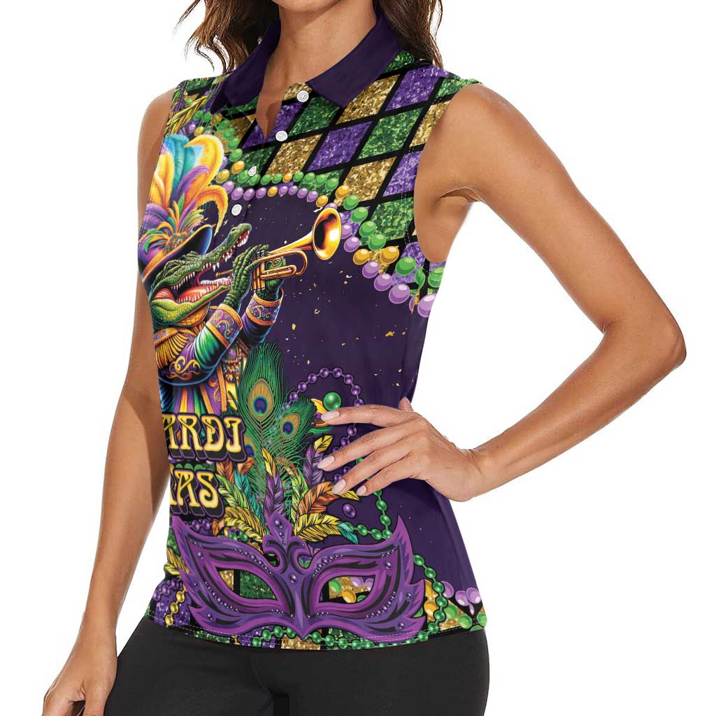 Mardi Gras Alligator Women Sleeveless Polo Shirt Let the Gator Jazz Roll - Wonder Print Shop