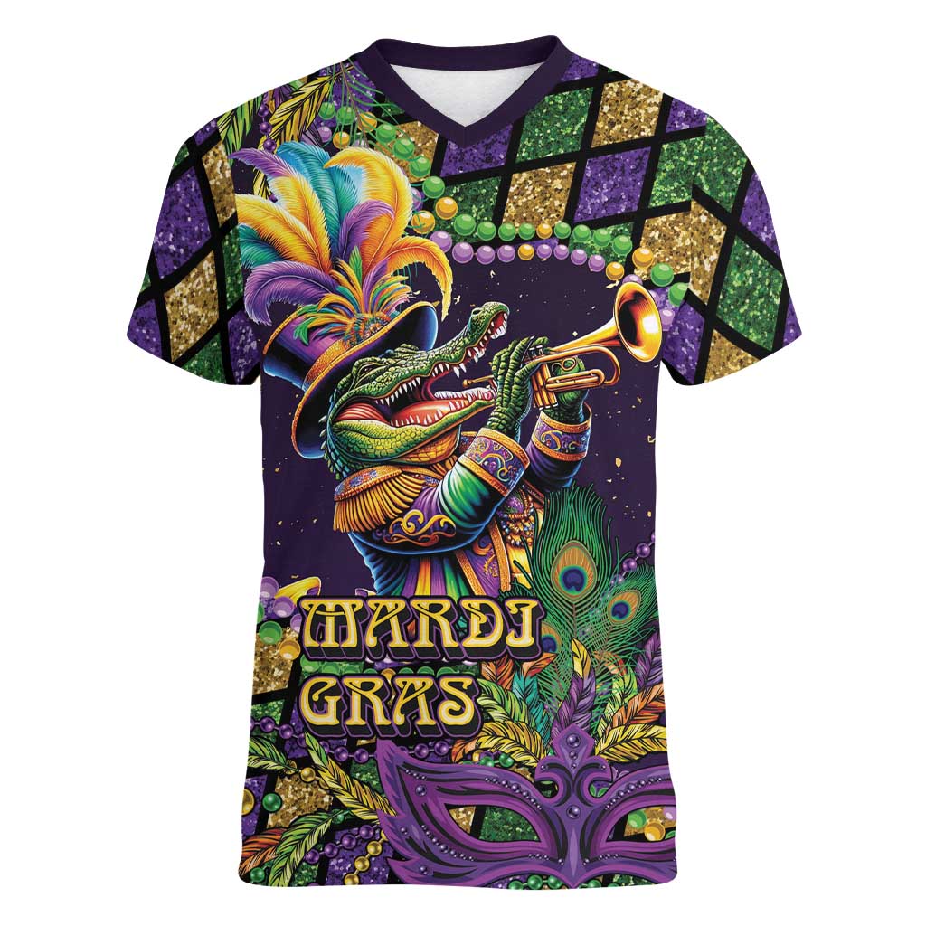 Mardi Gras Alligator Women V-Neck T-Shirt Let the Gator Jazz Roll - Wonder Print Shop