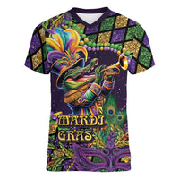 Mardi Gras Alligator Women V-Neck T-Shirt Let the Gator Jazz Roll - Wonder Print Shop