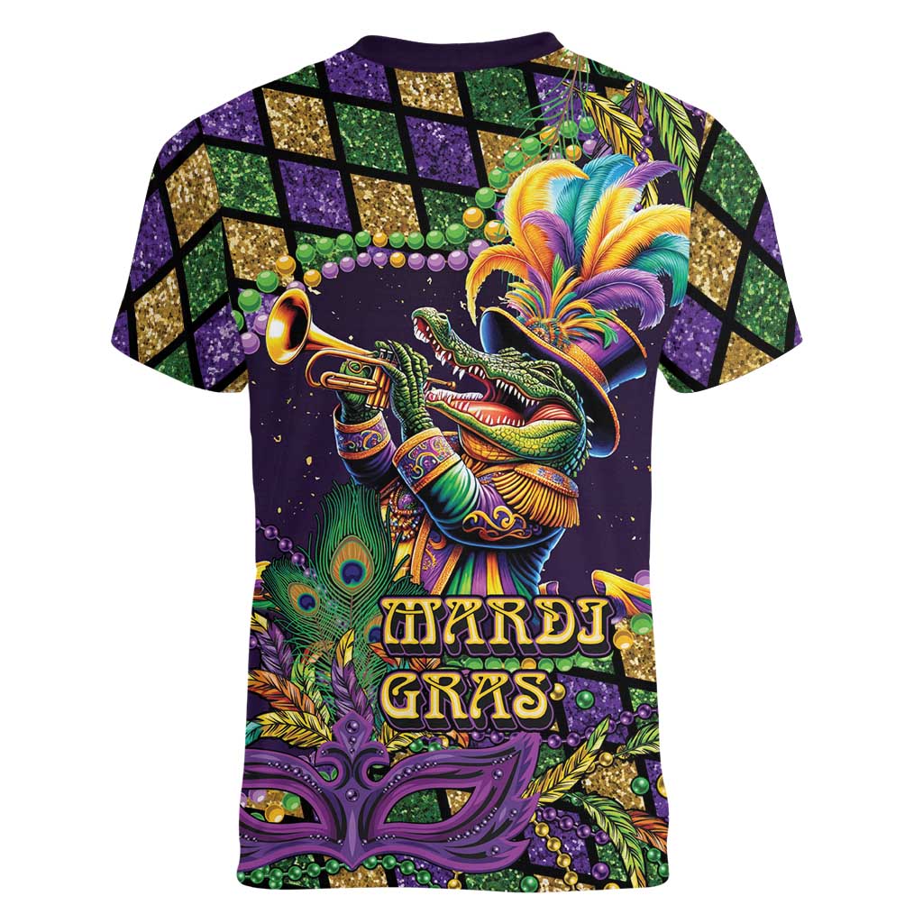 Mardi Gras Alligator Women V-Neck T-Shirt Let the Gator Jazz Roll - Wonder Print Shop