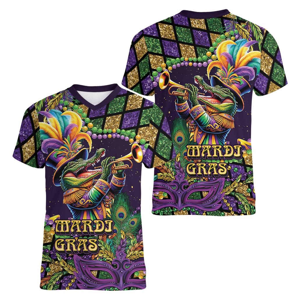Mardi Gras Alligator Women V-Neck T-Shirt Let the Gator Jazz Roll - Wonder Print Shop