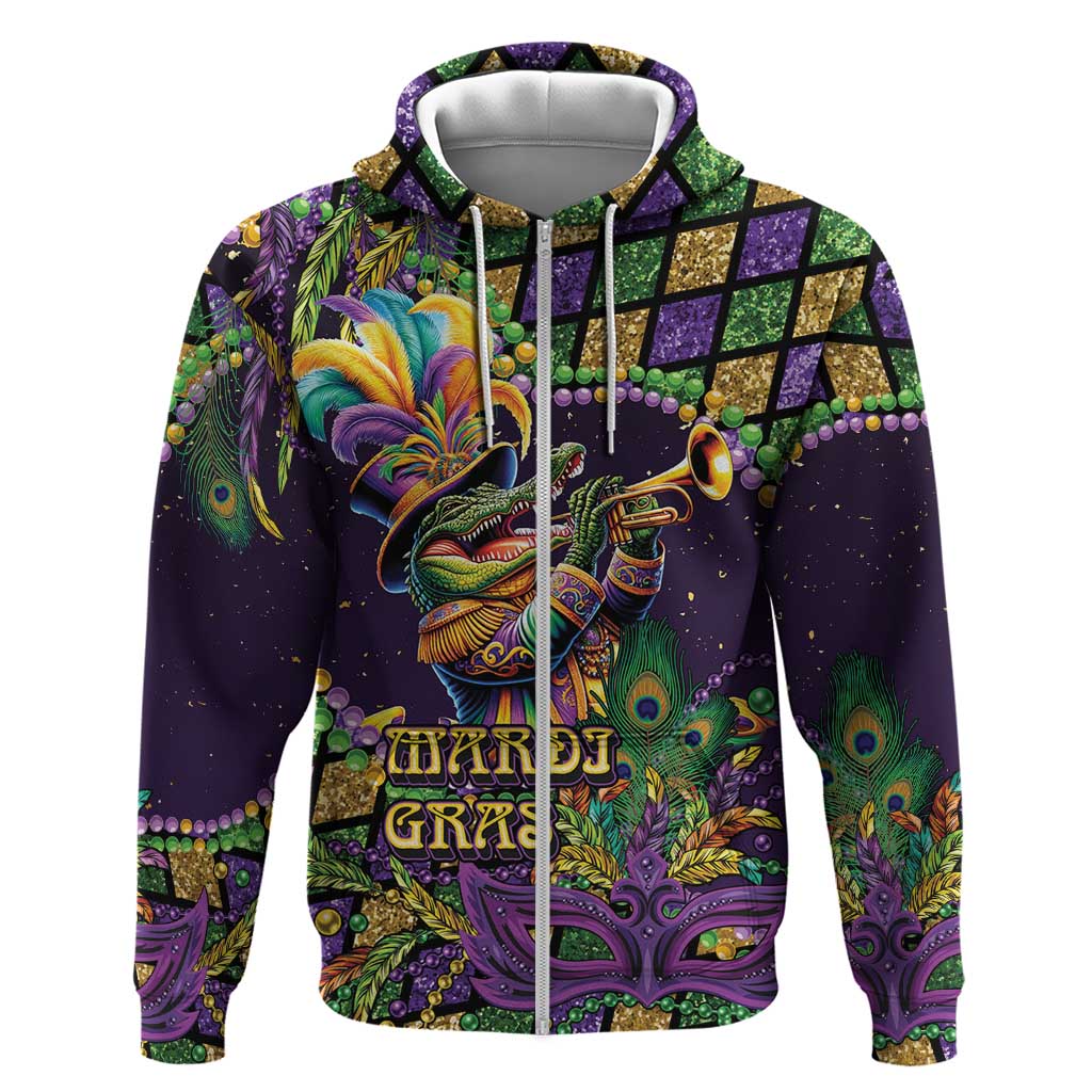 Mardi Gras Alligator Zip Hoodie Let the Gator Jazz Roll - Wonder Print Shop