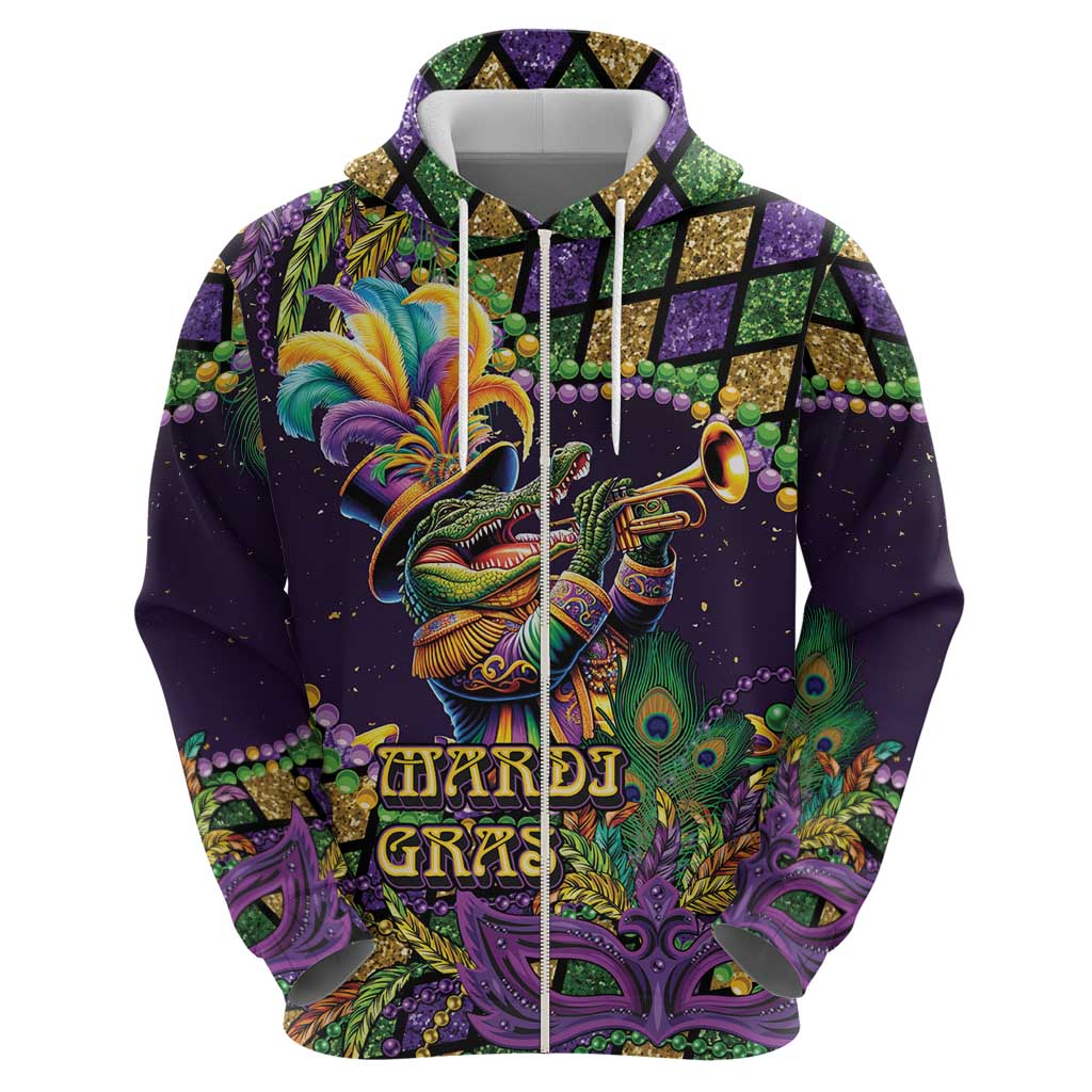 Mardi Gras Alligator Zip Hoodie Let the Gator Jazz Roll - Wonder Print Shop