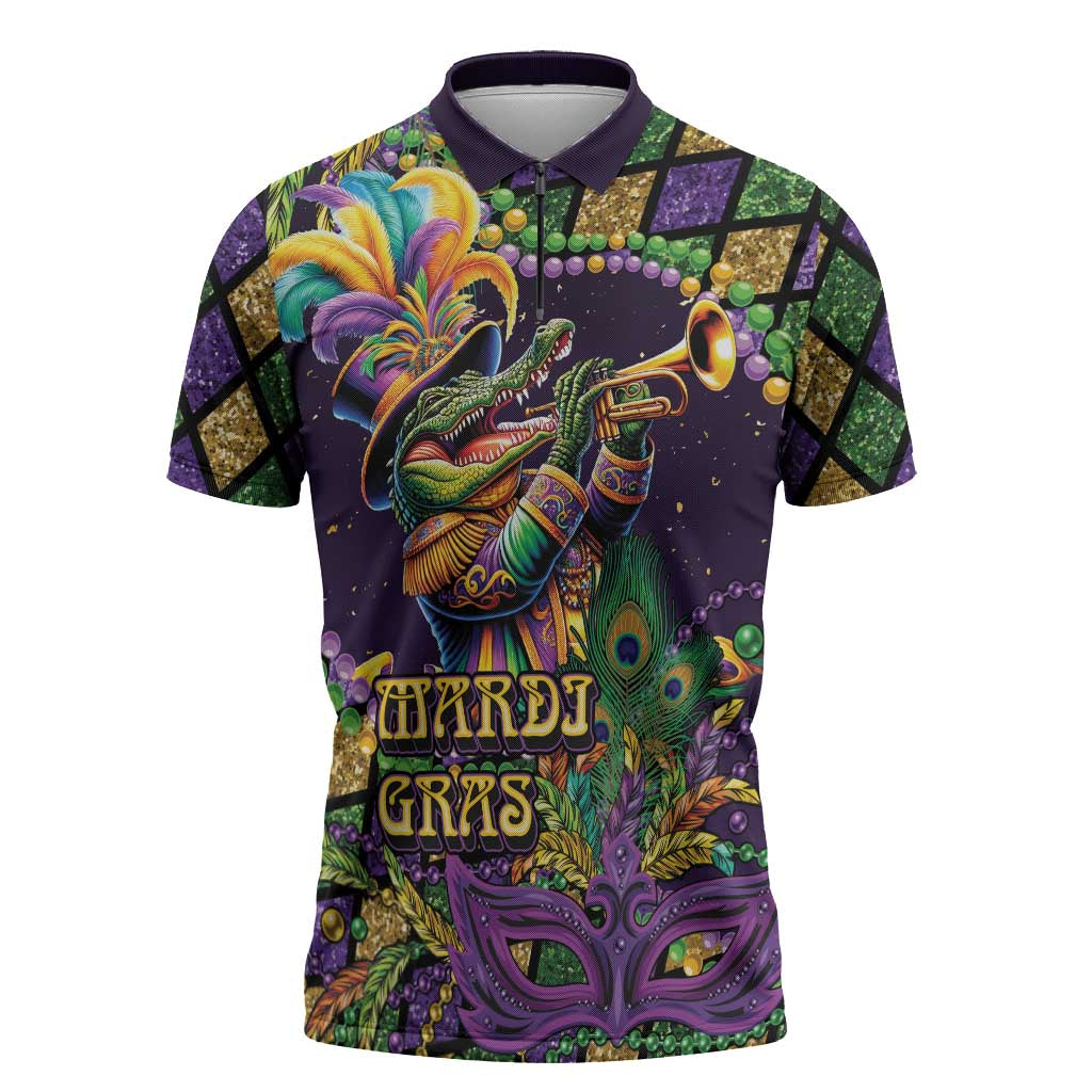 Mardi Gras Alligator Zipper Polo Shirt Let the Gator Jazz Roll - Wonder Print Shop