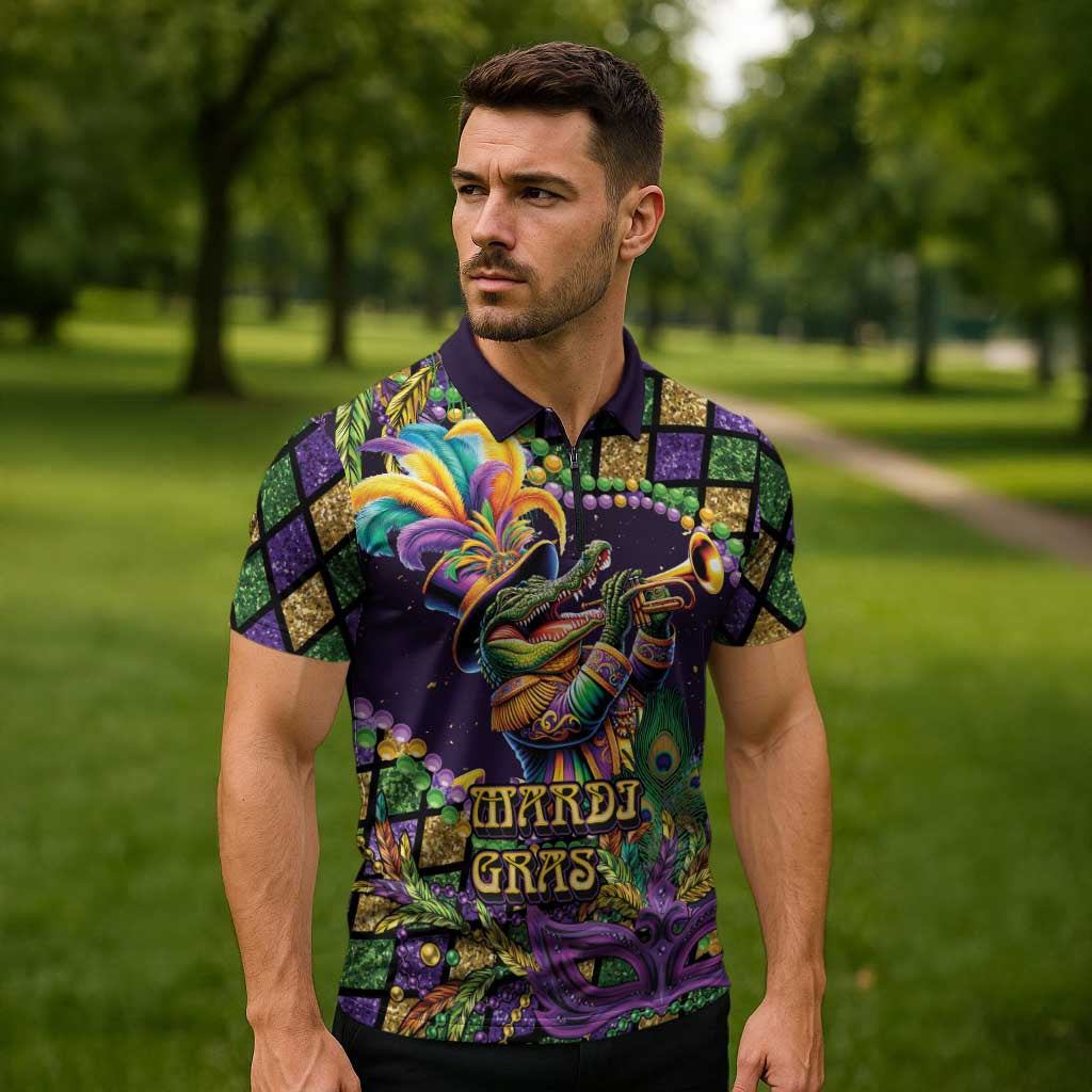 Mardi Gras Alligator Zipper Polo Shirt Let the Gator Jazz Roll - Wonder Print Shop