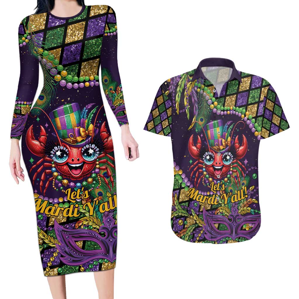 Mardi Gras Crawfish Couples Matching Long Sleeve Bodycon Dress and Hawaiian Shirt Let's Mardi Y'all - Wonder Print Shop