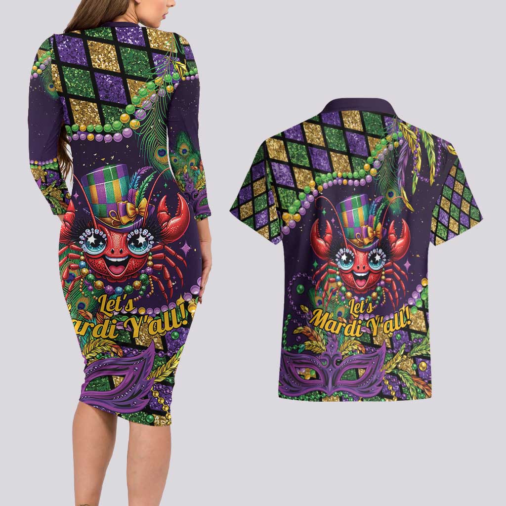 Mardi Gras Crawfish Couples Matching Long Sleeve Bodycon Dress and Hawaiian Shirt Let's Mardi Y'all - Wonder Print Shop