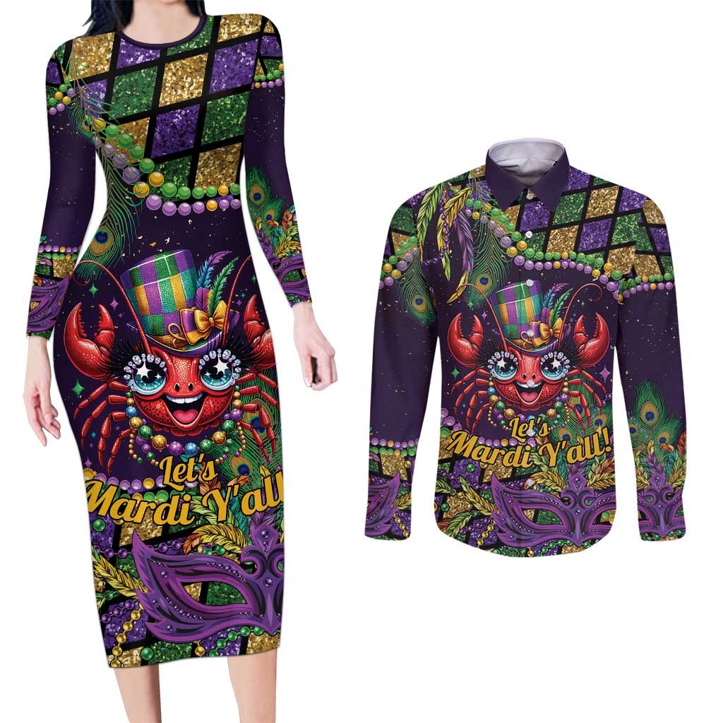 Mardi Gras Crawfish Couples Matching Long Sleeve Bodycon Dress and Long Sleeve Button Shirt Let's Mardi Y'all - Wonder Print Shop