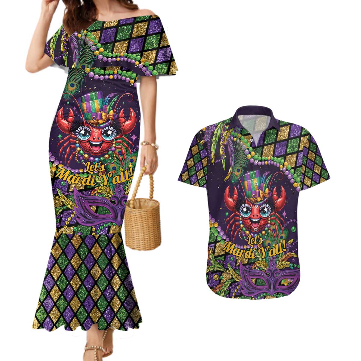 Mardi Gras Crawfish Couples Matching Mermaid Dress and Hawaiian Shirt Let's Mardi Y'all - Wonder Print Shop