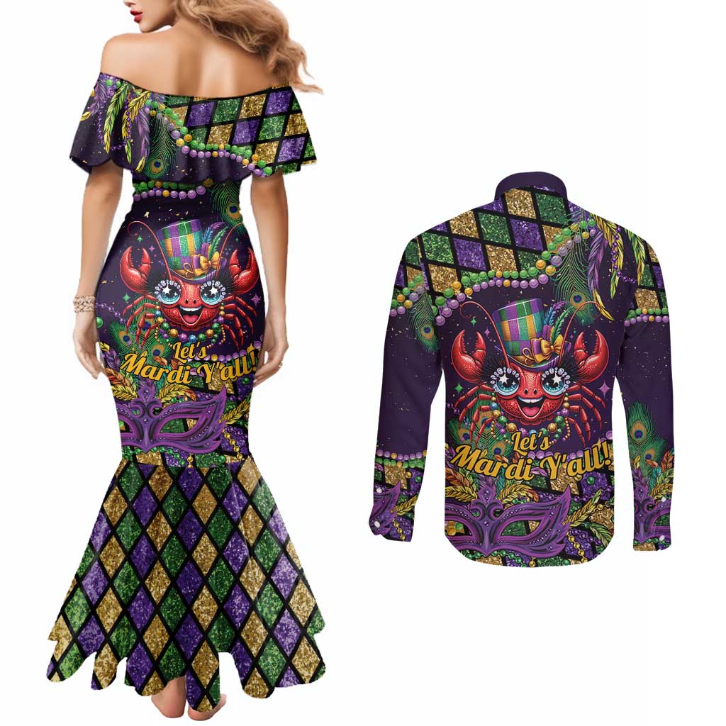 Mardi Gras Crawfish Couples Matching Mermaid Dress and Long Sleeve Button Shirt Let's Mardi Y'all - Wonder Print Shop