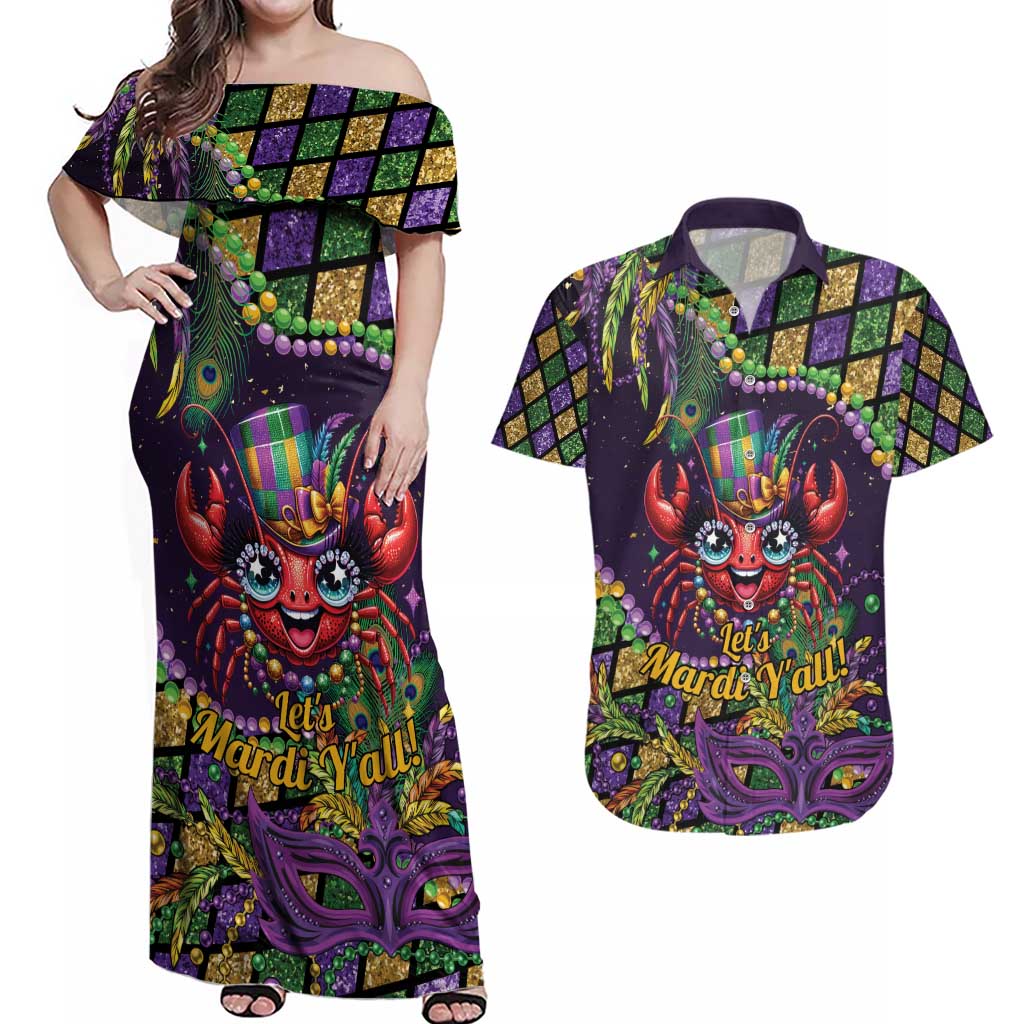 Mardi Gras Crawfish Couples Matching Off Shoulder Maxi Dress and Hawaiian Shirt Let's Mardi Y'all - Wonder Print Shop