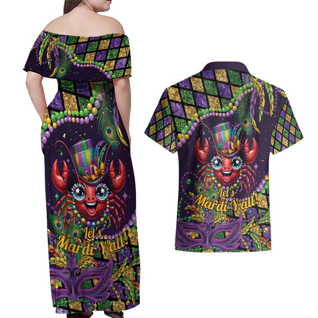 Mardi Gras Crawfish Couples Matching Off Shoulder Maxi Dress and Hawaiian Shirt Let's Mardi Y'all - Wonder Print Shop