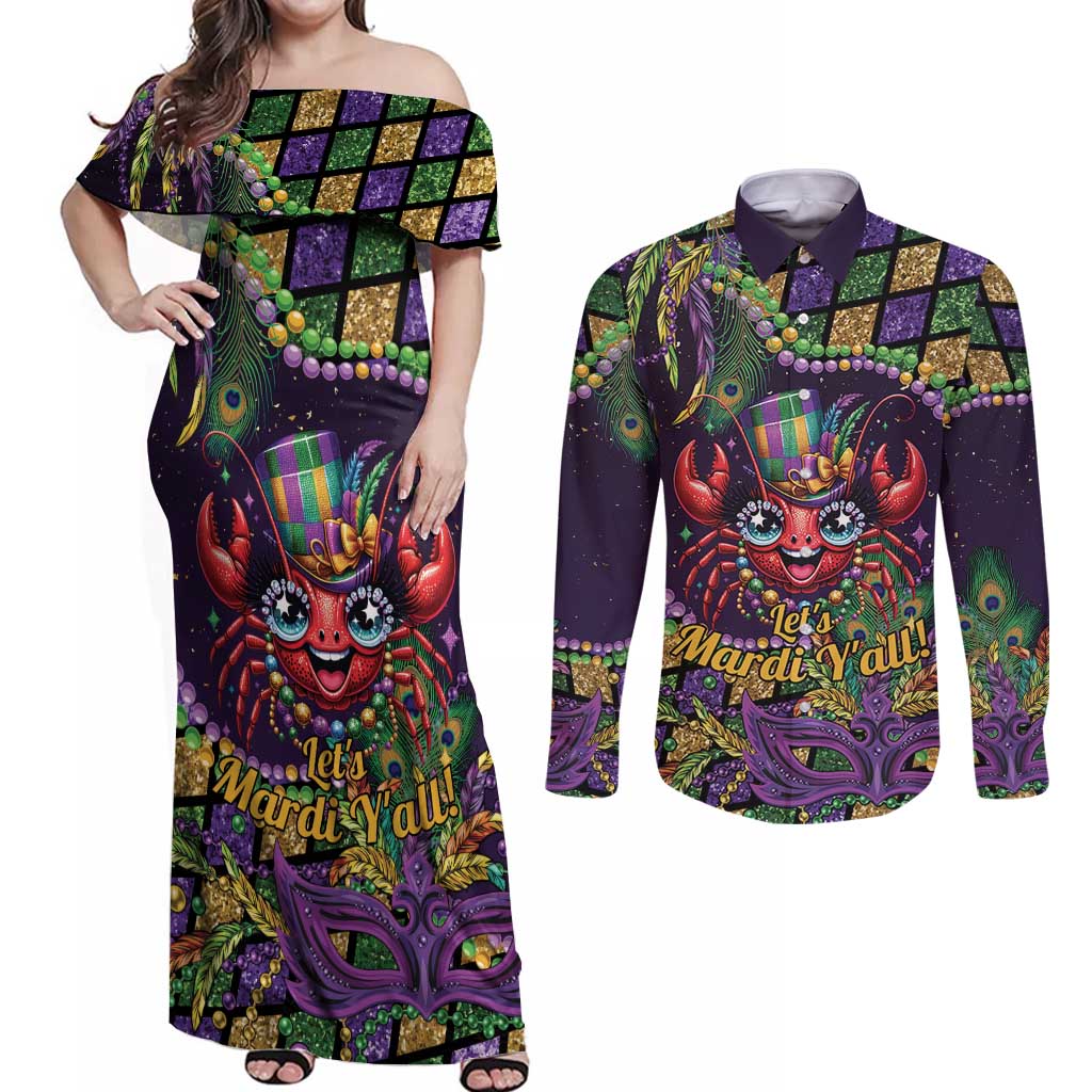 Mardi Gras Crawfish Couples Matching Off Shoulder Maxi Dress and Long Sleeve Button Shirt Let's Mardi Y'all - Wonder Print Shop