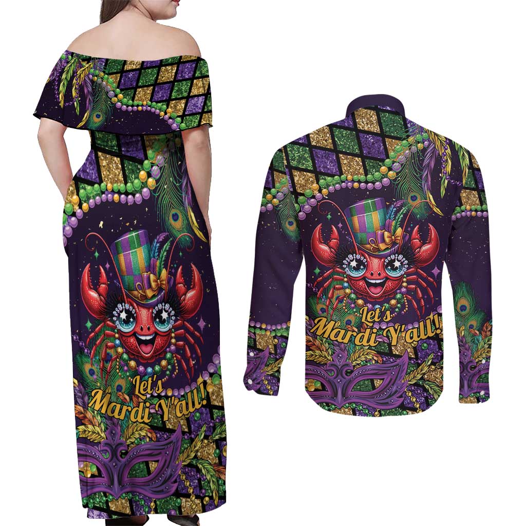 Mardi Gras Crawfish Couples Matching Off Shoulder Maxi Dress and Long Sleeve Button Shirt Let's Mardi Y'all - Wonder Print Shop