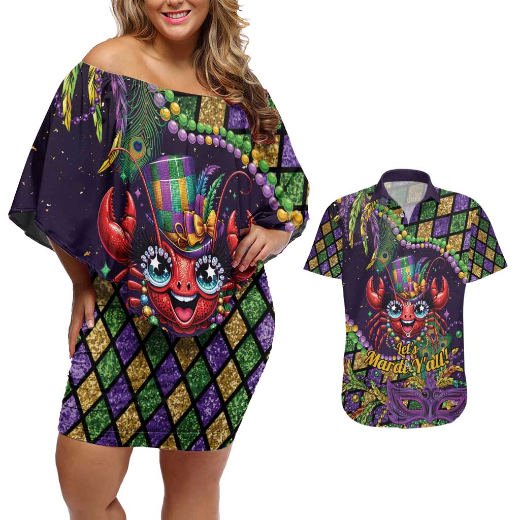 Mardi Gras Crawfish Couples Matching Off Shoulder Short Dress and Hawaiian Shirt Let's Mardi Y'all - Wonder Print Shop