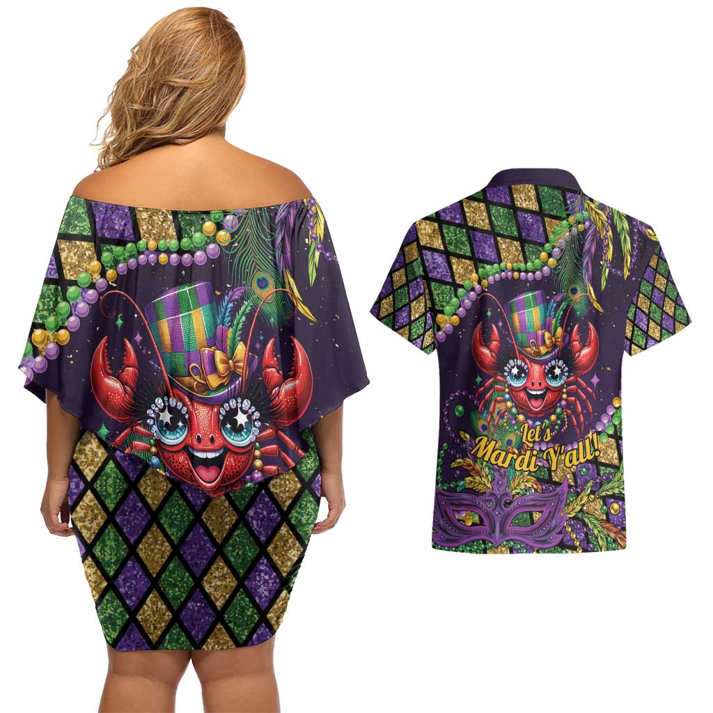 Mardi Gras Crawfish Couples Matching Off Shoulder Short Dress and Hawaiian Shirt Let's Mardi Y'all - Wonder Print Shop