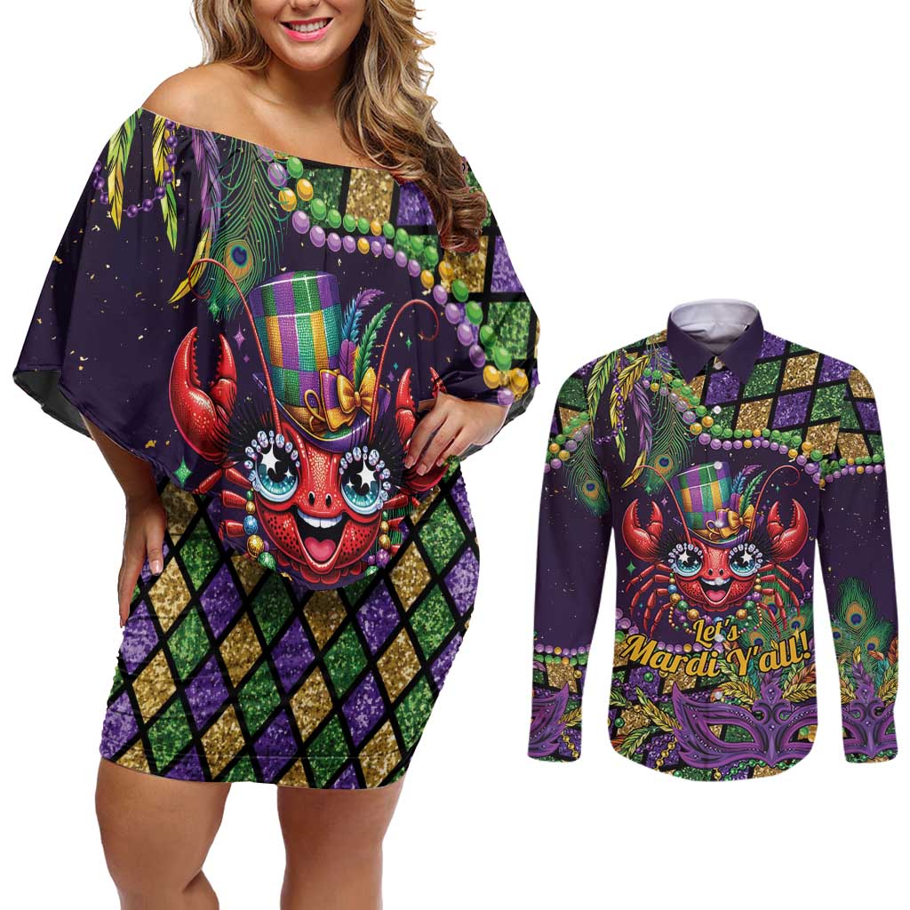 Mardi Gras Crawfish Couples Matching Off Shoulder Short Dress and Long Sleeve Button Shirt Let's Mardi Y'all - Wonder Print Shop