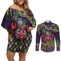 Mardi Gras Crawfish Couples Matching Off Shoulder Short Dress and Long Sleeve Button Shirt Let's Mardi Y'all - Wonder Print Shop