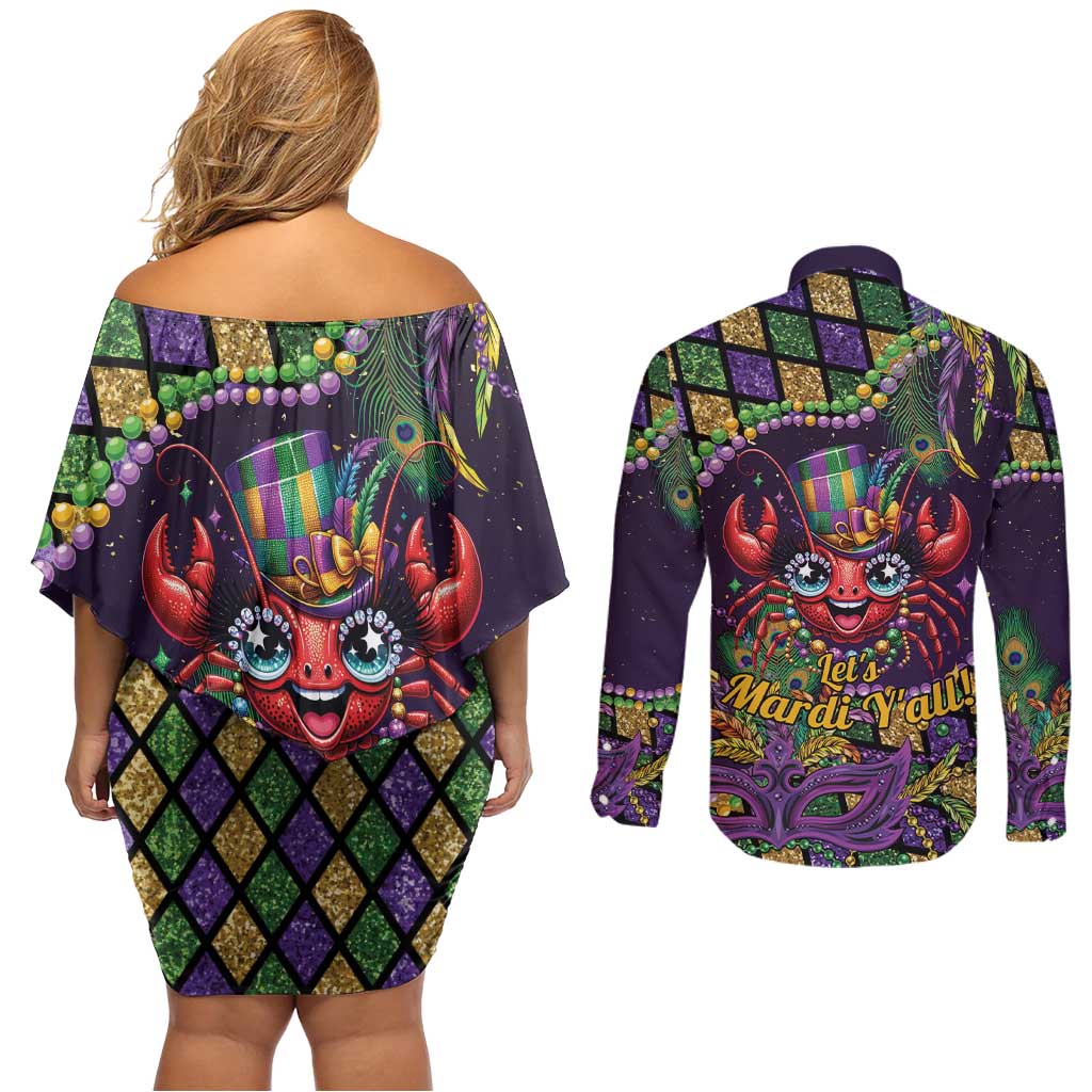 Mardi Gras Crawfish Couples Matching Off Shoulder Short Dress and Long Sleeve Button Shirt Let's Mardi Y'all - Wonder Print Shop