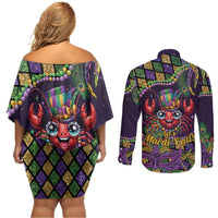 Mardi Gras Crawfish Couples Matching Off Shoulder Short Dress and Long Sleeve Button Shirt Let's Mardi Y'all - Wonder Print Shop
