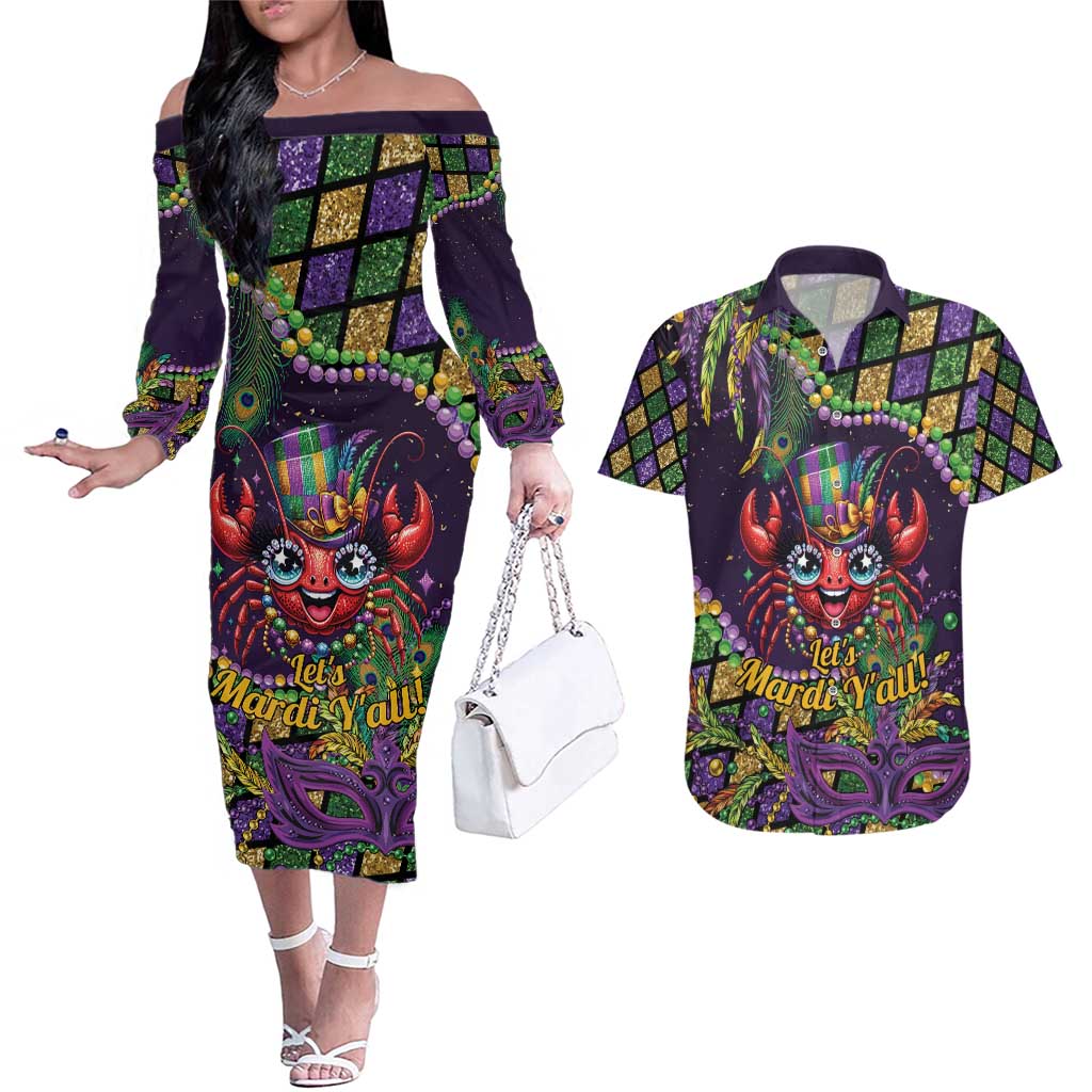 Mardi Gras Crawfish Couples Matching Off The Shoulder Long Sleeve Dress and Hawaiian Shirt Let's Mardi Y'all - Wonder Print Shop